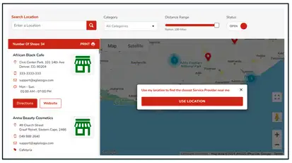 Store locator with a location search, category and distance filters, a store list and a map